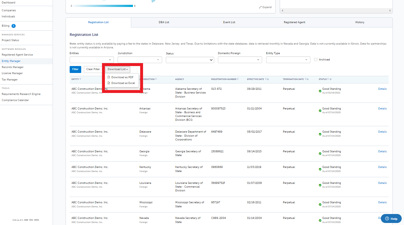 How to download a list of entity registrations