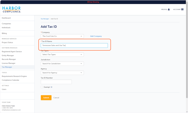Enter a name for the Tax Registration