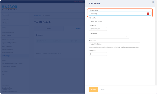 Type a name in the Event Name box