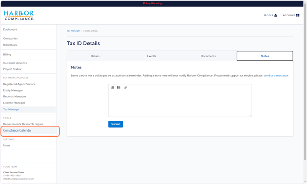 Click Compliance Calendar to view Tax Manager events with other events in your account