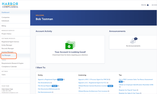 Click the Tax Manager module in your account