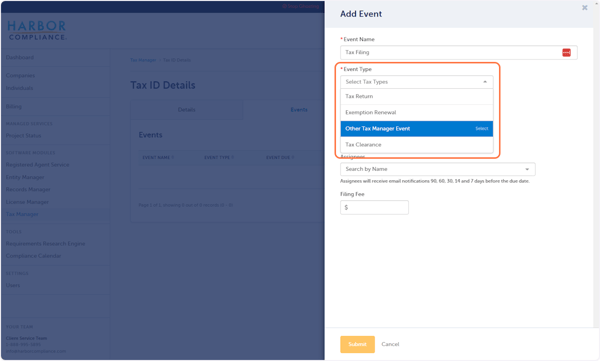 Select a default event type or "Other Tax Manager Event"