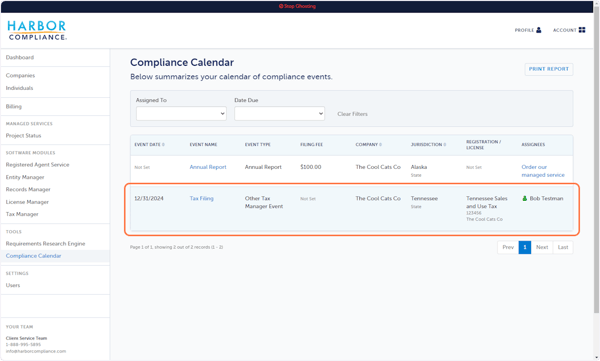 Tax Manager events are included on your Compliance Calendar