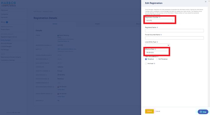 registation number and effective date and submit